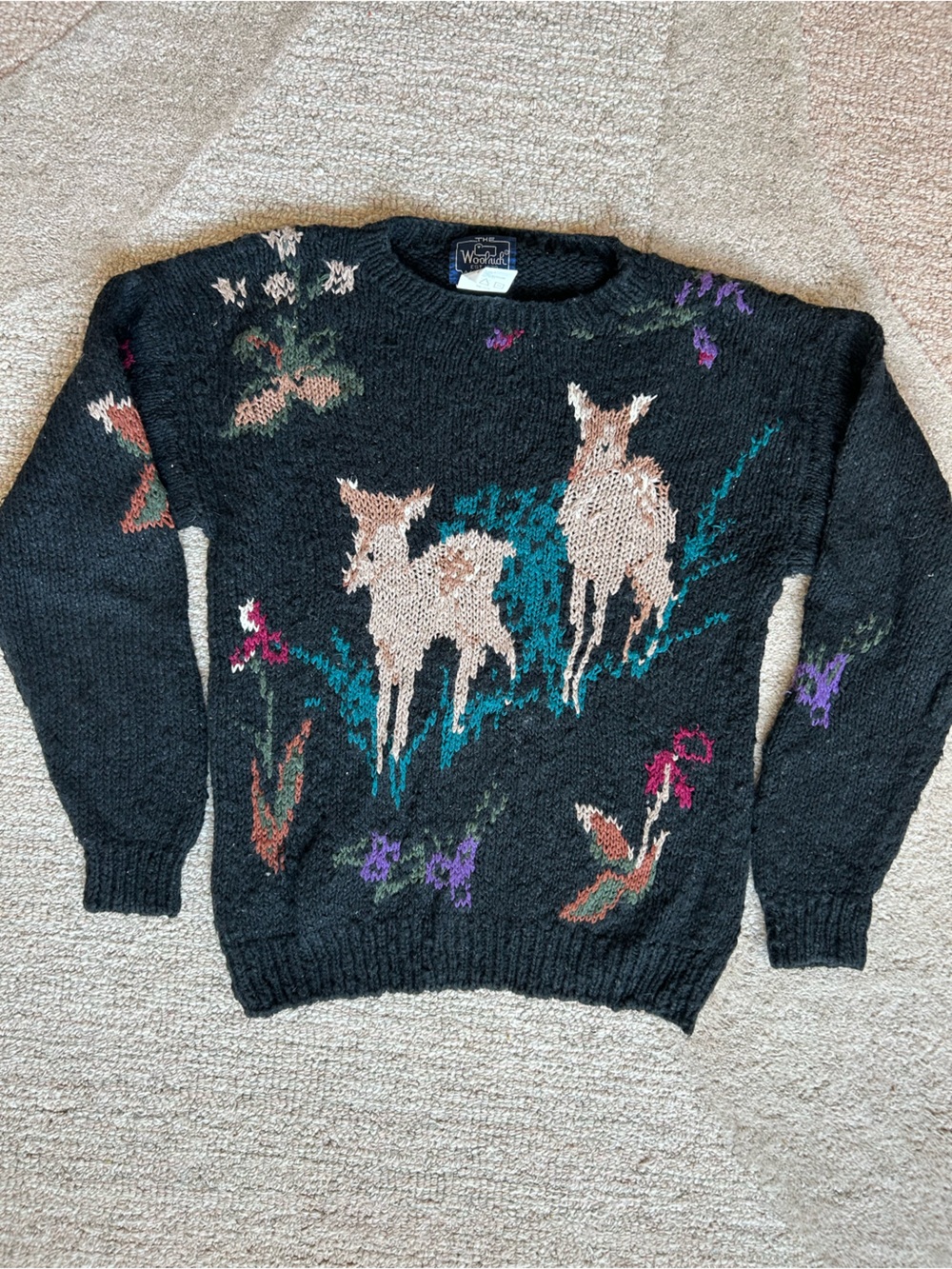 Woolrich Women's Size M Black Knit Crew neck Sweater with deer and Flower design